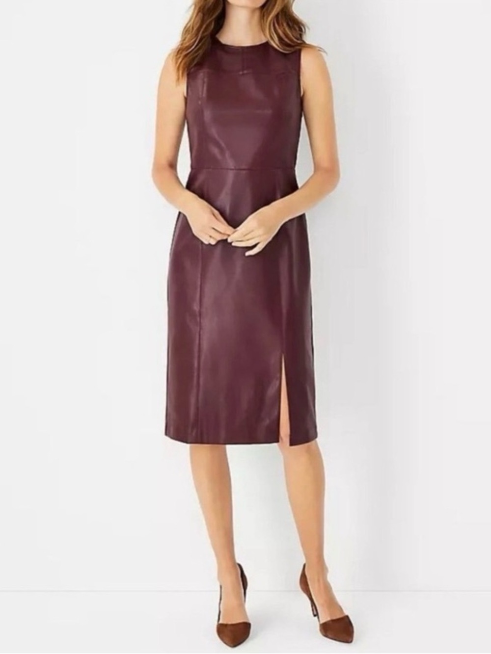 Ann Taylor Sleeveless Faux Leather Midi Dress in Burgundy